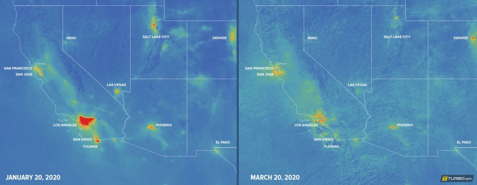 Արբանյակներից ստացված և արհեստական գույներով ներկայացված այս երկու նկարներում երևում է ԱՄՆ-ի արևմտյան հատվածում ազոտի երկօքսիդի պարունակությունը օդում: Նկարներն արվել են հունվարի 20-ին ու մարտի 20-ին: