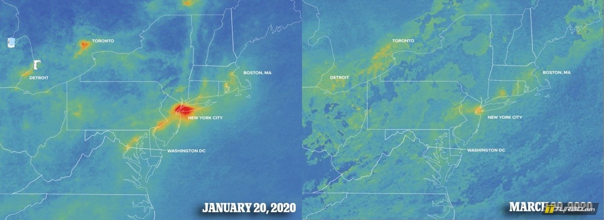 Այդ նույն ազոտի երկօքսիդները Նյու-Յորքում՝ հունվարի 20-ին ու մարտի 20-ին (քաղաքը գտնվում է մայրցամաքի աջ մասում):